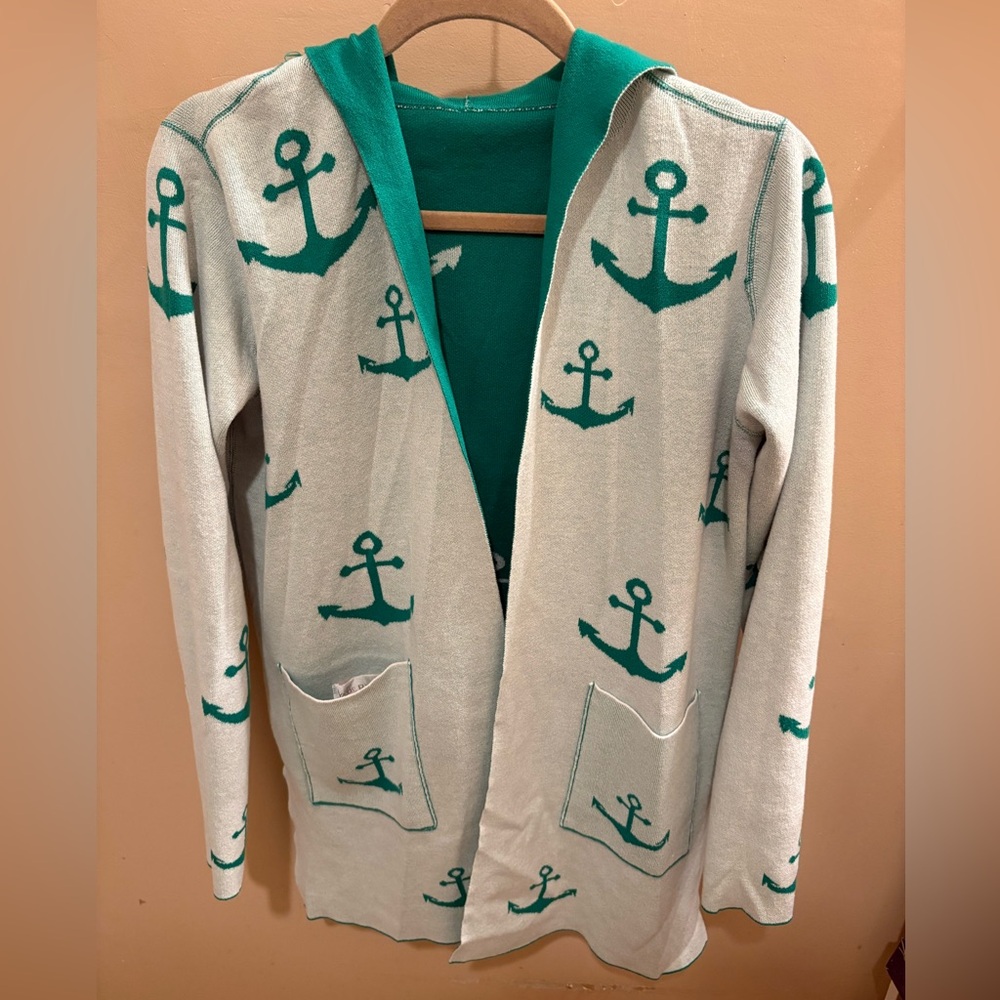 Belle by Kim Gravel Yachtical Reversible Open Knit Cardigan Green/White Womens S - Picture 6 of 9
